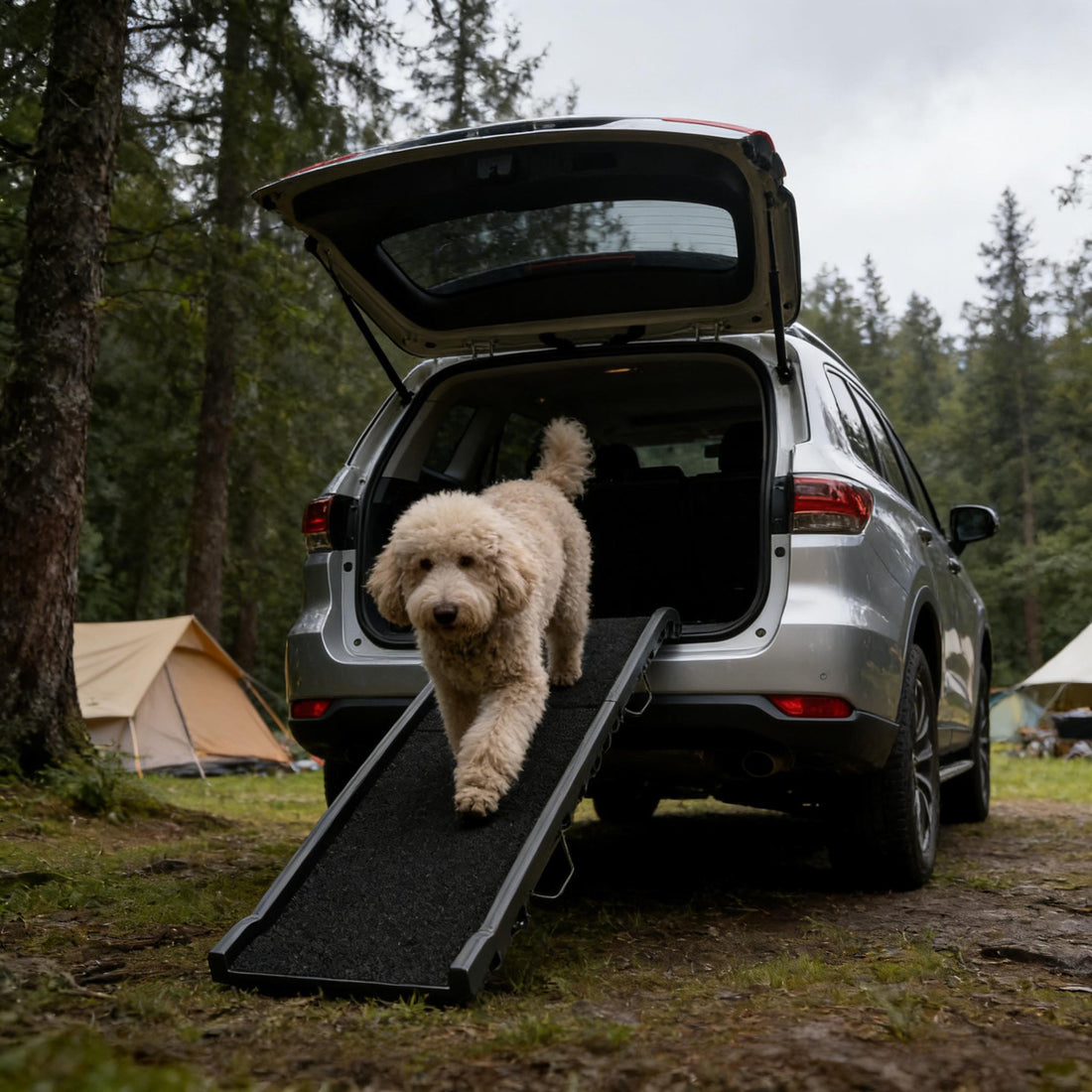 Foldable Dog Car Ramp – 61-Inch Gentle Slope, High-Traction Surface, Side Rails, Black