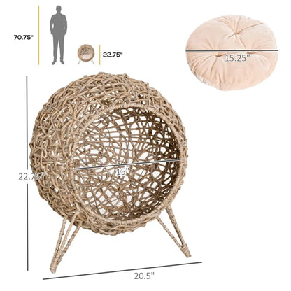 Elevated Wicker Cat House with Cushion – Hand-Woven Water Hyacinth Cat Bed, Natural – view 3