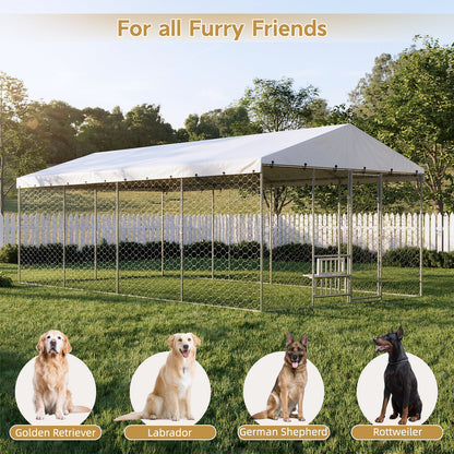 Large Outdoor Dog Kennel with Canopy – 20x10 Ft, Galvanized Steel, Elevated Feeding Bowls, Silver – view 6