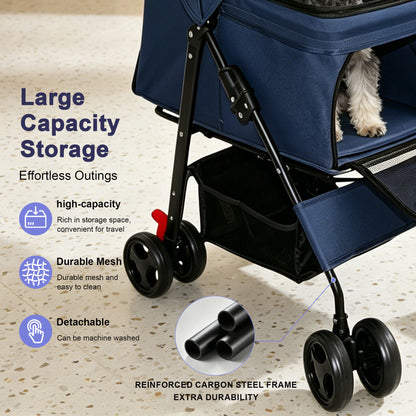 Foldable Pet Stroller for Small Dogs and Cats – Up to 28 lbs, Tray, Storage Basket, 4 Wheels, Blue – view 10