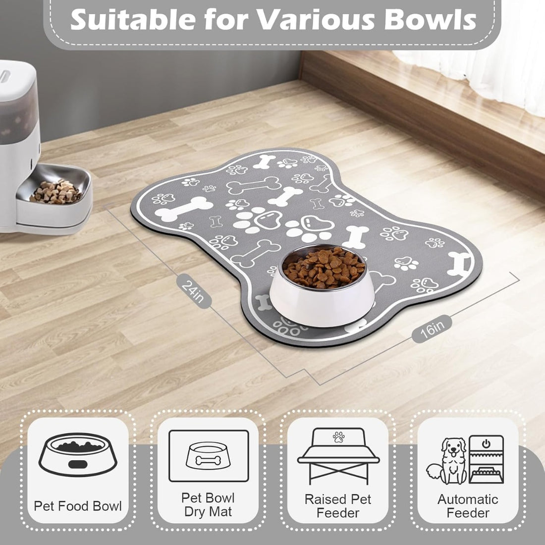Bone-Shaped Absorbent Pet Feeding Mat with Rubber Non-Slip Backing, Grey – view 2