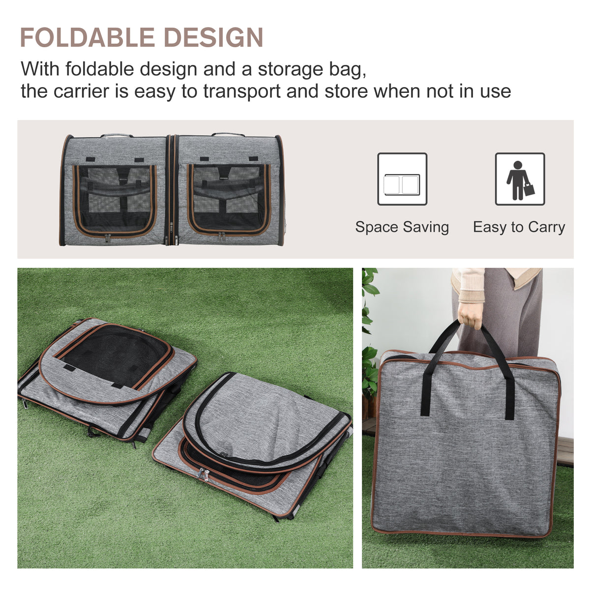 39" Double Cat Carrier with Divider – Foldable Soft-Sided Pet Crate, 2 Compartments, Light Gray – view 4