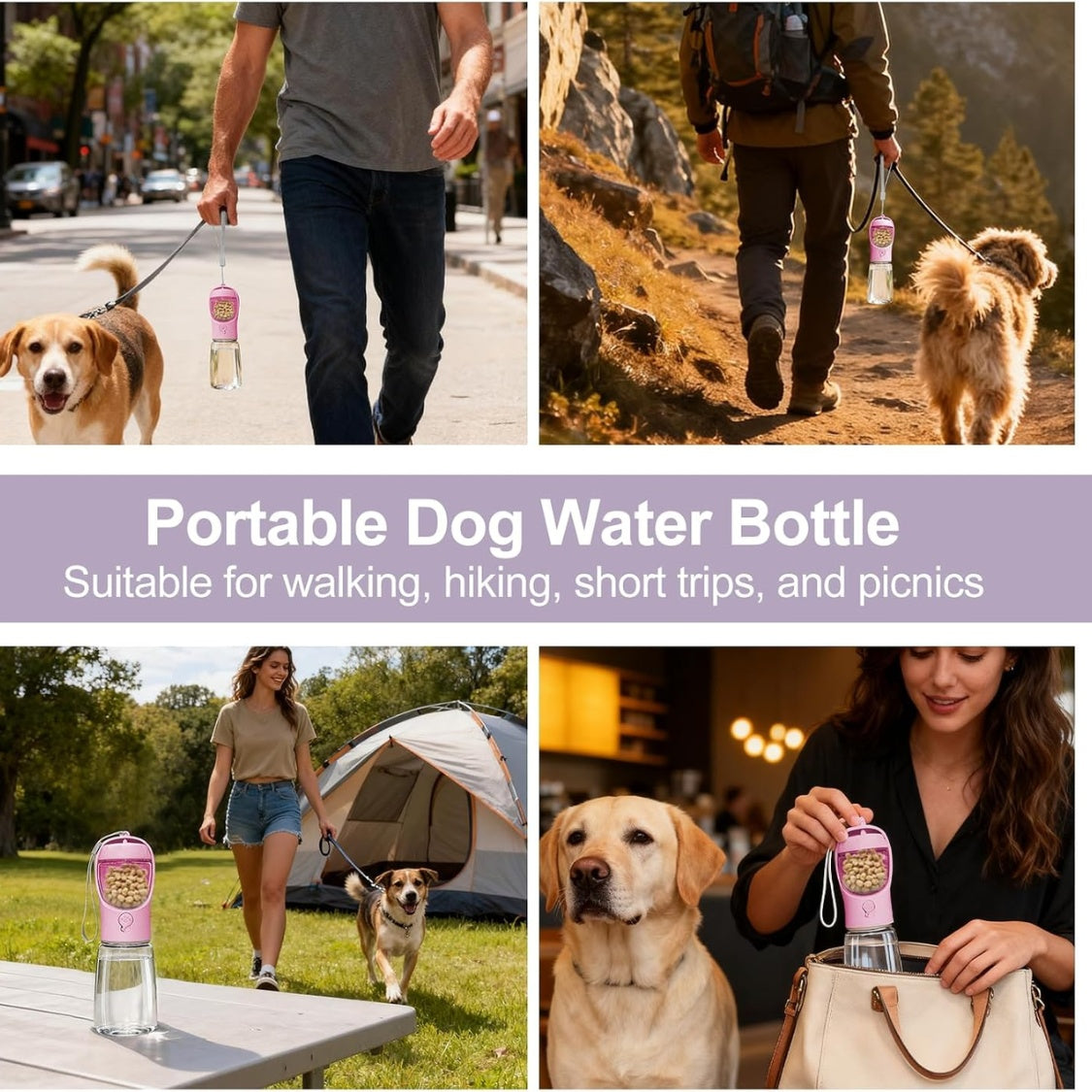 2-in-1 Portable Dog Water Bottle with Food Container – 12 oz, Leak-Proof, Pink – view 4