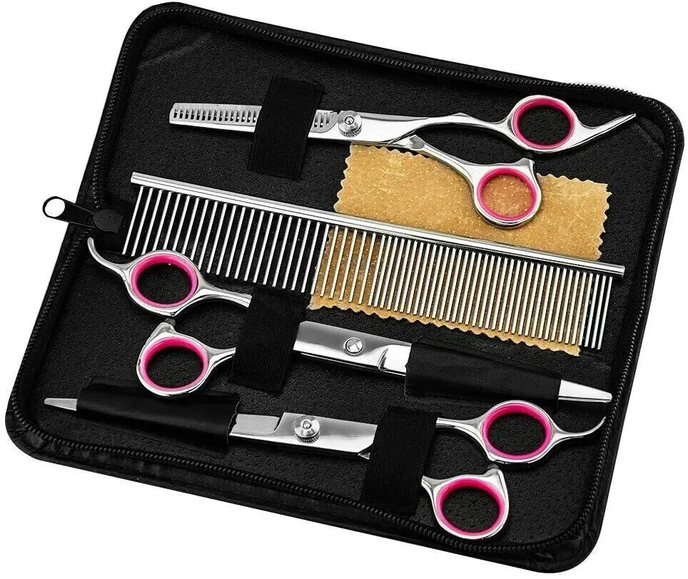 Pet Grooming Scissors Kit – Straight, Curved and Thinning Shears with Comb and Zippered Case – view 3