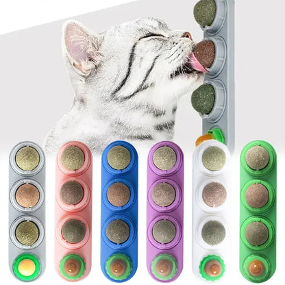 Wall-Mounted Rotating Catnip and Silvervine Ball Cat Toy, 3-in-1 Stick-On Lick Ball