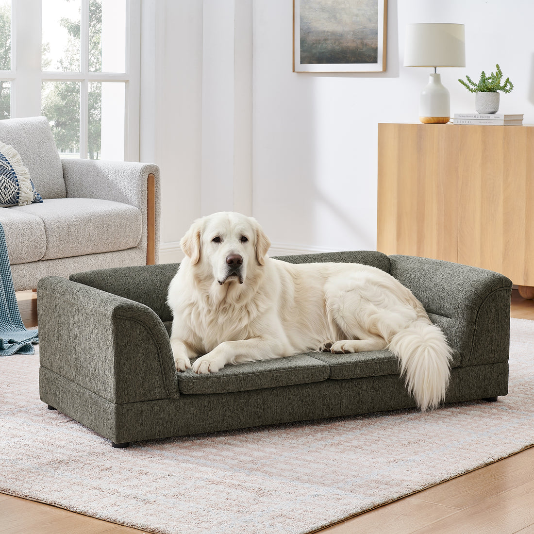 Oversized Dog Sofa Bed with Curved Armrests – Linen Pet Couch for Large Dogs, Dark Gray