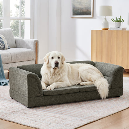 Oversized Dog Sofa Bed with Curved Armrests – Linen Pet Couch for Large Dogs, Dark Gray