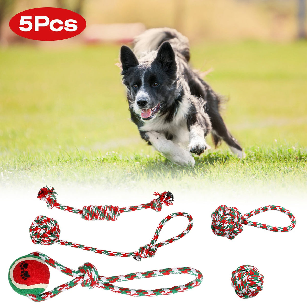 Christmas Rope Dog Chew Toys 5-Piece Set, Red, Green and White Cotton Knots and Ball – view 2