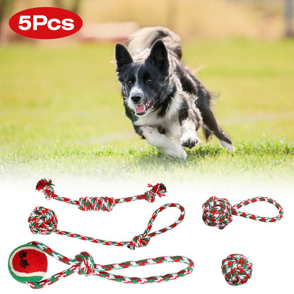 Christmas Rope Dog Chew Toys 5-Piece Set, Red, Green and White Cotton Knots and Ball – view 2