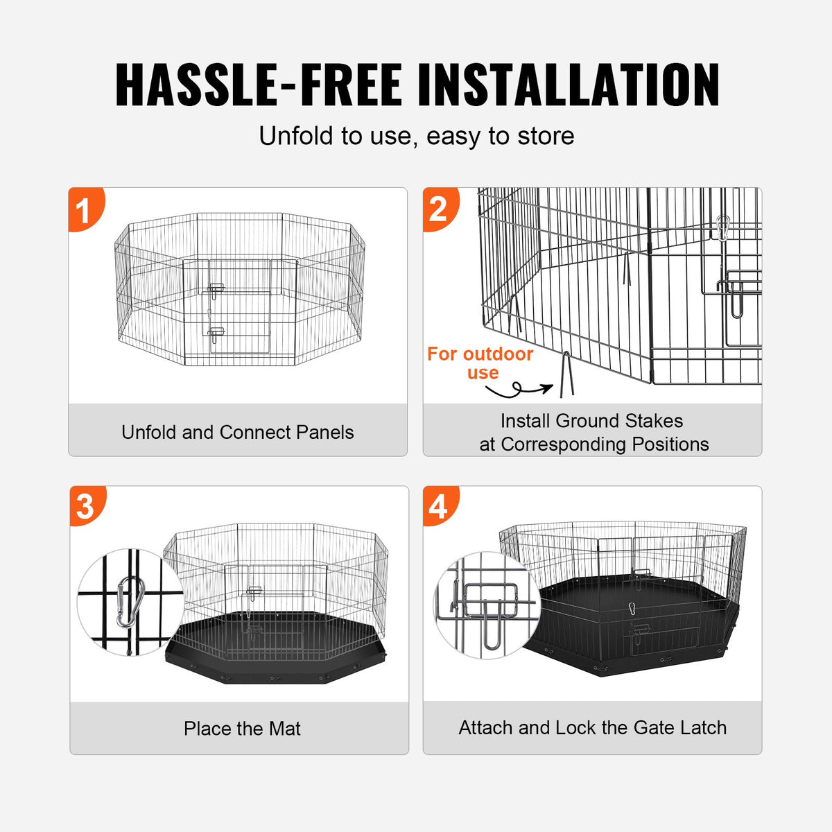 8-Panel Metal Dog Playpen with Waterproof Bottom Pad – 24 In Tall, Ground Stakes, Foldable, Black – view 5