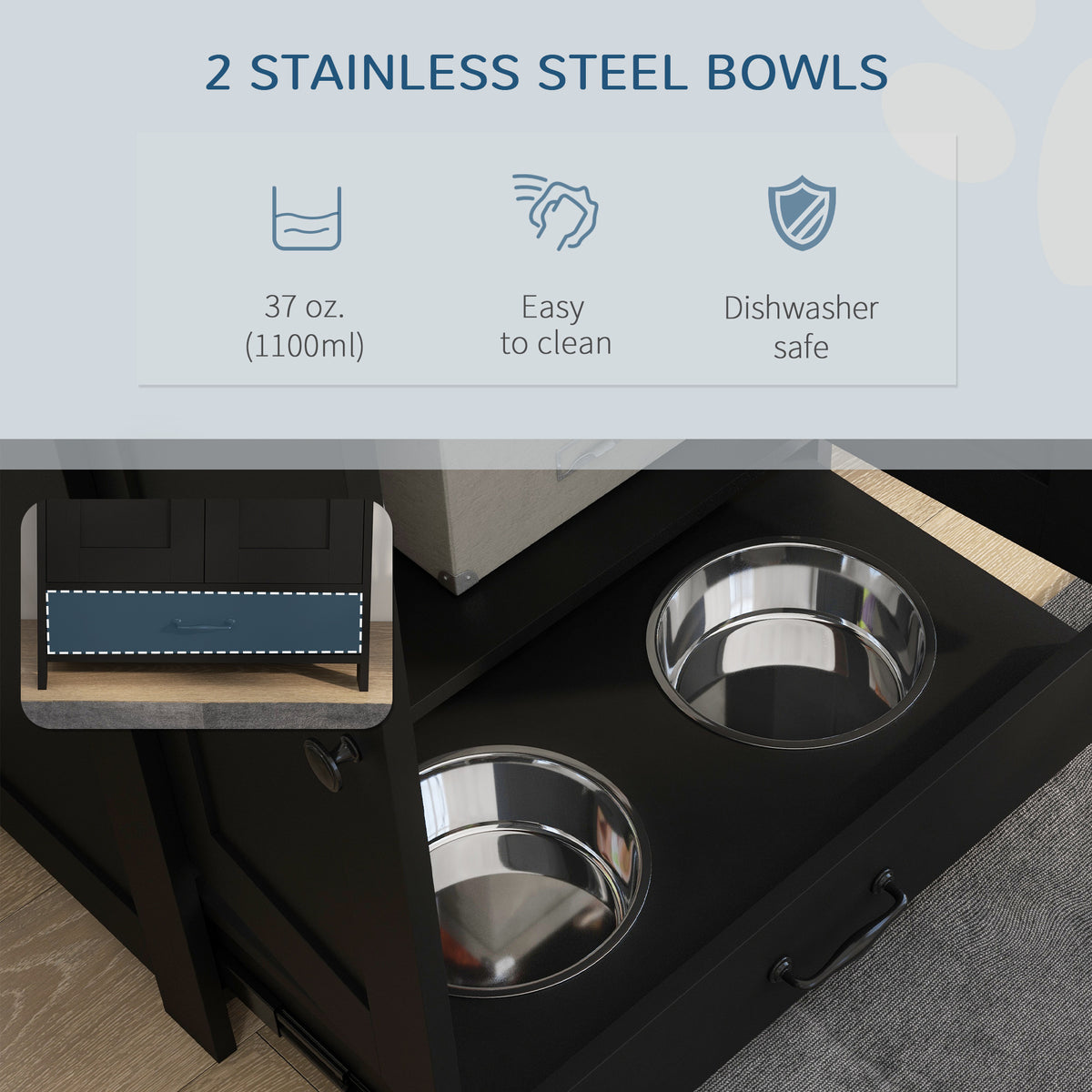 Dog Feeding Station with Storage Cabinet, Hidden Raised Bowls and Side Hooks for Medium Dogs, Black – view 6