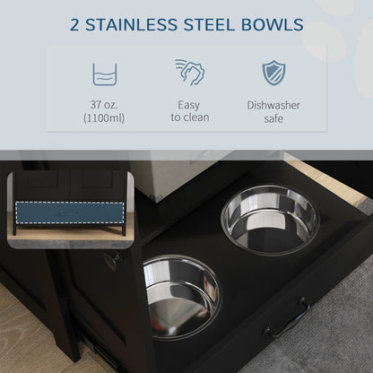 Dog Feeding Station with Storage Cabinet, Hidden Raised Bowls and Side Hooks for Medium Dogs, Black – view 6