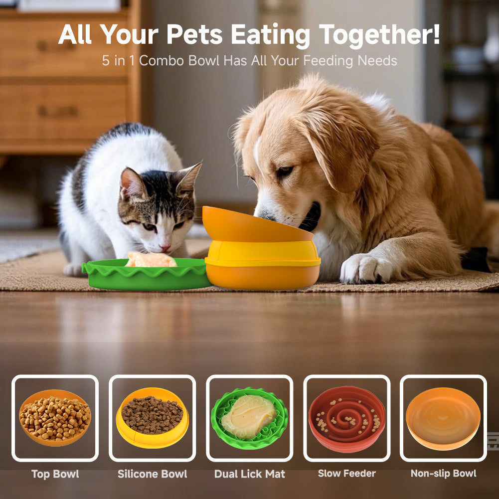 Hamburger-Shaped Multi-Layer 5-in-1 Pet Bowl Set for Cats &amp; Dogs, Orange