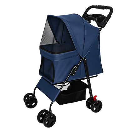 Foldable Pet Stroller for Small Dogs and Cats – Up to 28 lbs, Tray, Storage Basket, 4 Wheels, Blue – view 2