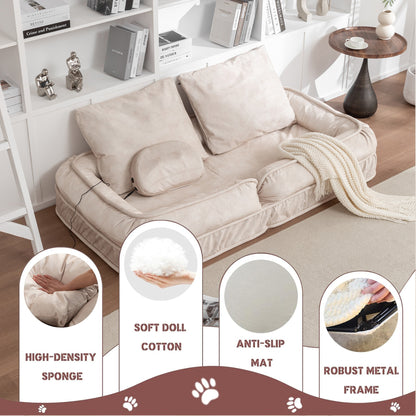 Human Dog Bed Floor Sofa – 5-Position Adjustable Backrest, Velvet, Massage Cushion, 2 Pillows, Beige – view 5