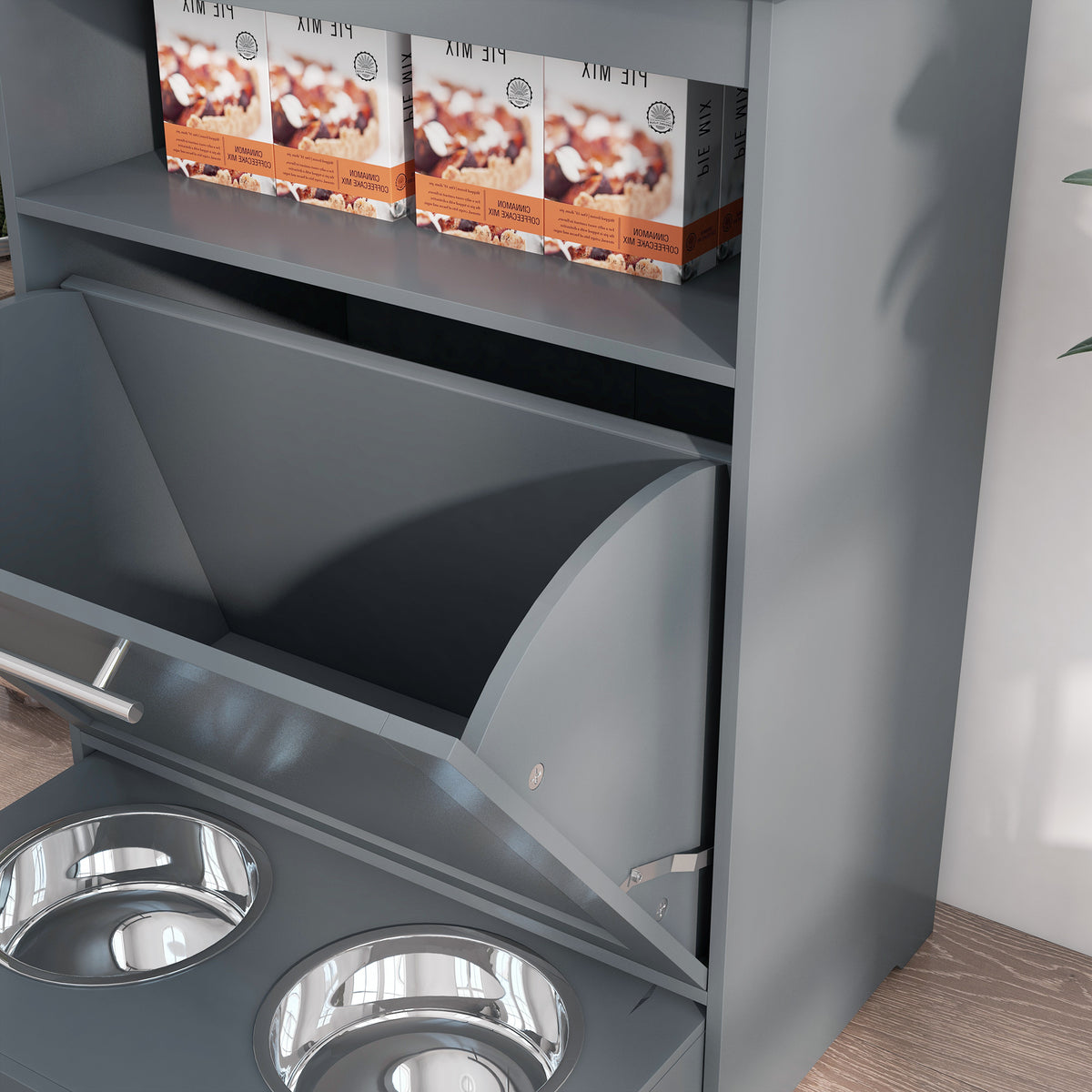 Pet Feeding Station Cabinet with Pull-Out Raised Bowl Drawer, Hooks and Storage, Grey – view 7