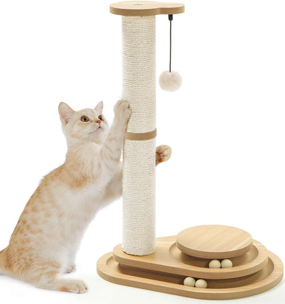 Sisal Cat Scratching Post with 3-Level Ball Track Toy and Top Ball for Indoor Cats