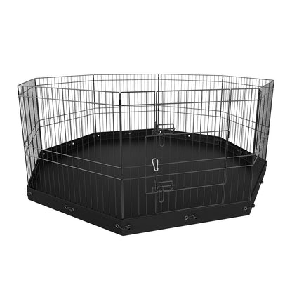 8-Panel Metal Dog Playpen with Waterproof Bottom Pad – 24 In Tall, Ground Stakes, Foldable, Black