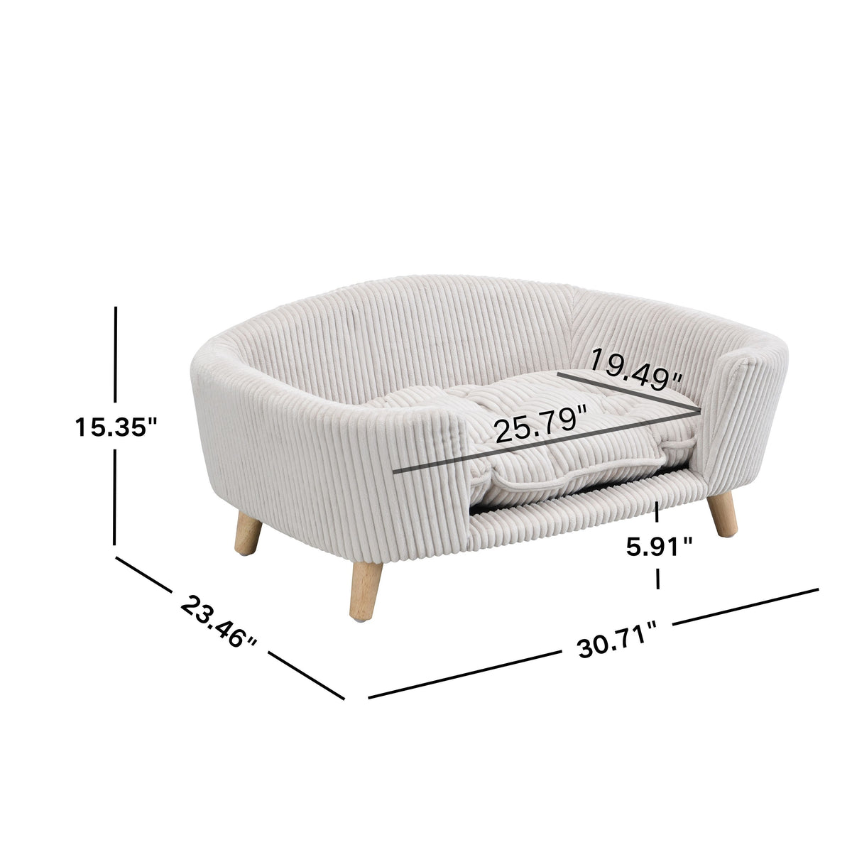 Elevated Dog Bed Frame for Small Dogs – Corduroy Pet Couch with Wood Legs, Beige – view 5