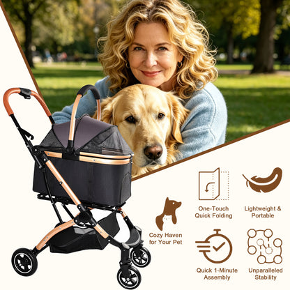 2-in-1 Detachable Pet Stroller – One-Hand Fold, Carry Basket, Sun Canopy, Storage Basket, Black – view 8