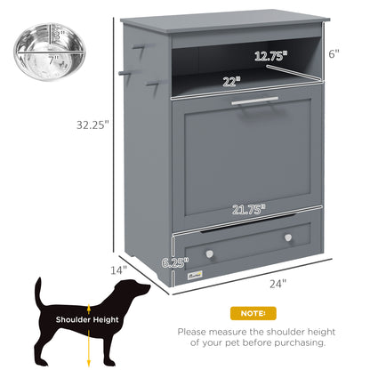 Pet Feeder Station Storage Cabinet with Pull-Out Raised Bowls, Shelf &amp; Leash Hooks, Gray – view 3