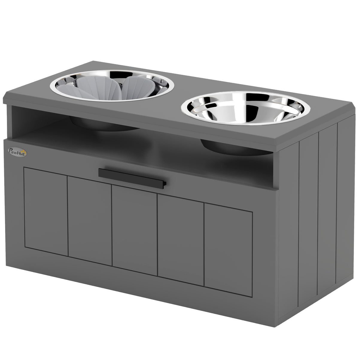 Elevated Dog Bowl Stand with Storage Drawer, 2 Stainless Steel Bowls &amp; Slow Feeder Mat, Gray – view 9