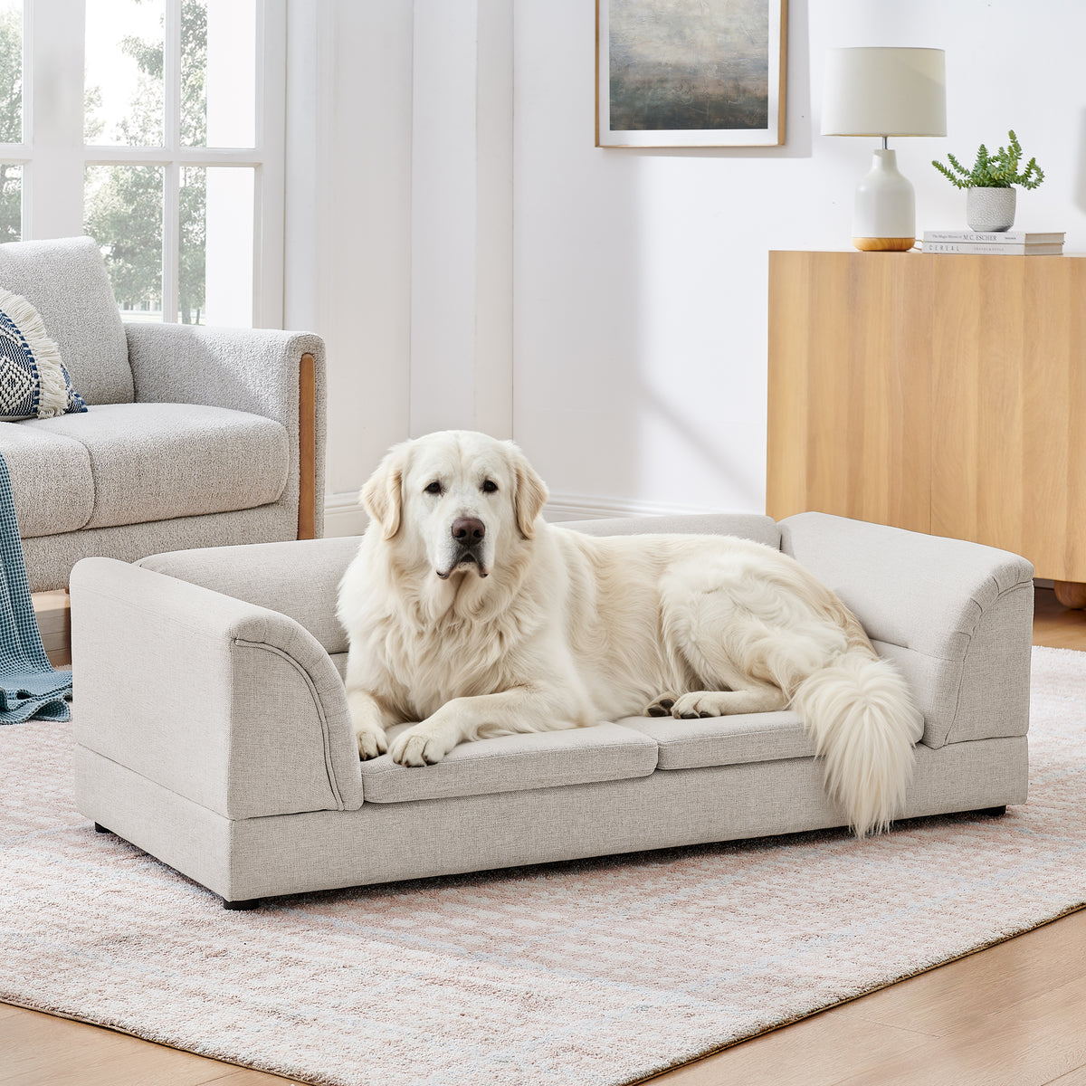 Oversized Linen Dog Sofa – Raised Pet Couch with Curved Armrests for Large Dogs, Beige
