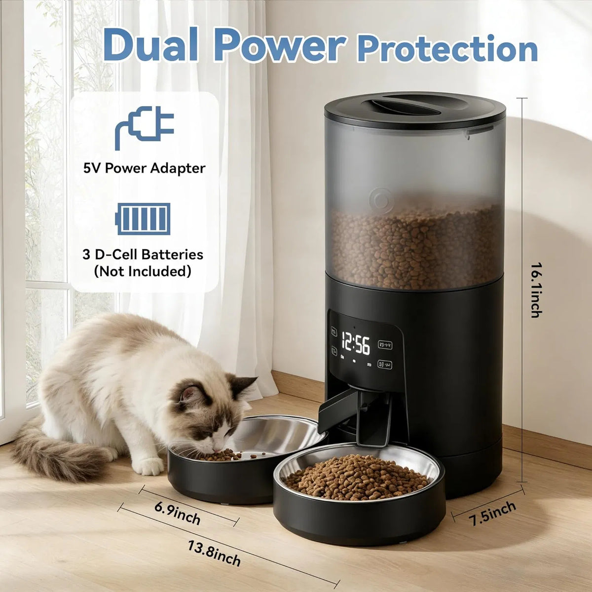 6 L Automatic Dual Cat Feeder with App Scheduling, 10-Second Voice Recorder and Dual Power – view 4