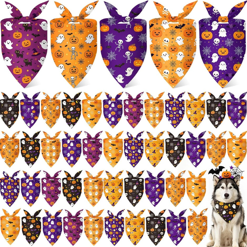 Halloween Dog Bandanas Bulk 50-Pack – 10 Designs, Pumpkin, Ghost &amp; Bat Triangle Scarves for Large Dogs