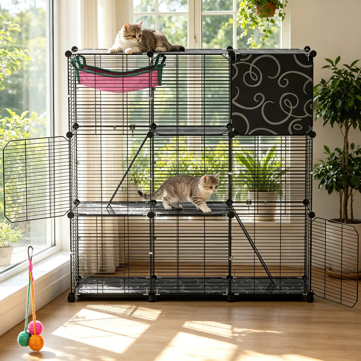 3-Tier Black Metal Cat Cage with 3 Doors, 2 Ladders, Plush Hammock and Toy Ball – view 4
