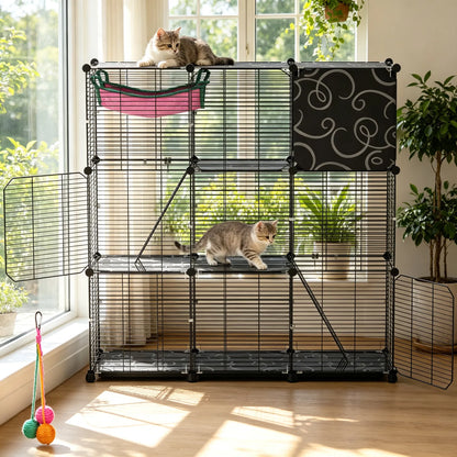 3-Tier Black Metal Cat Cage with 3 Doors, 2 Ladders, Plush Hammock and Toy Ball – view 4