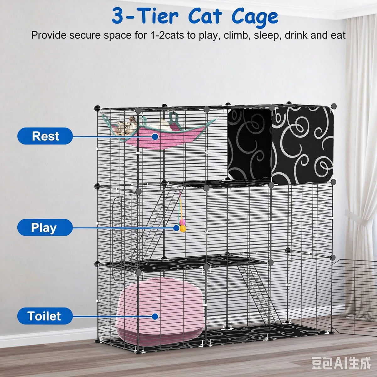 3-Tier Black Metal Cat Cage with 3 Doors, 2 Ladders, Plush Hammock and Toy Ball – view 7