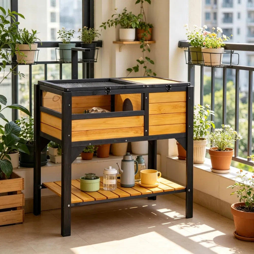 Cedar Wood Tortoise House – 2 Rooms, Hanging Light Stand, Plastic Tray &amp; Storage Shelf – view 4