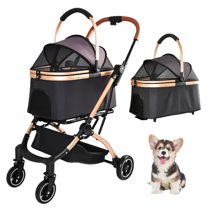 2-in-1 Detachable Pet Stroller – One-Hand Fold, Carry Basket, Sun Canopy, Storage Basket, Black – view 2