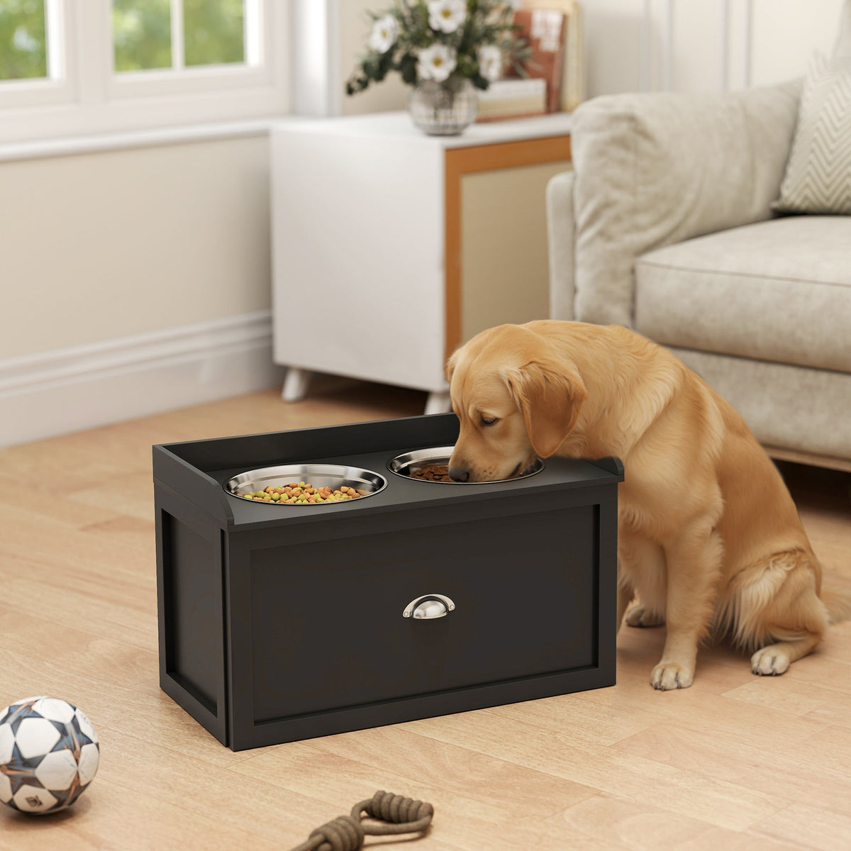 Elevated Dog Feeding Station with Sliding Storage Drawer – 2 Stainless Steel Bowls – Black