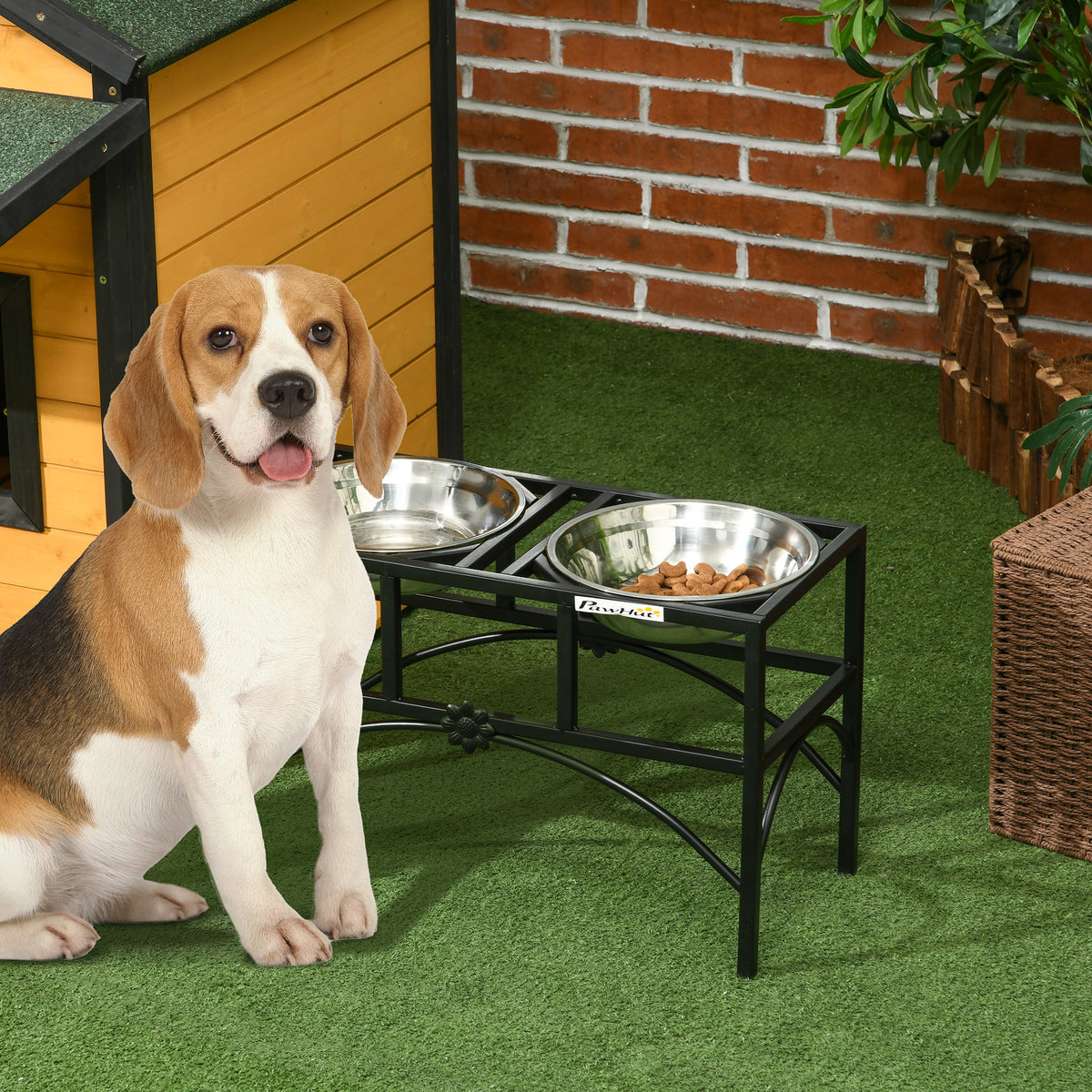 Elevated Double Dog Bowl Stand, Iron Frame with 2 Stainless Steel Bowls, 14 in Black and Silver