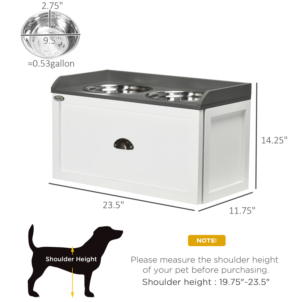 Elevated Dog Feeding Station with Sliding Storage Drawer – 2 Stainless Steel Bowls, White – view 3