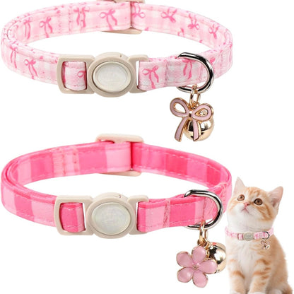 Pink Breakaway Cat Collars 2-Pack – Plaid Bow, Bell &amp; Flower Pendant, Adjustable 7.8–12 in