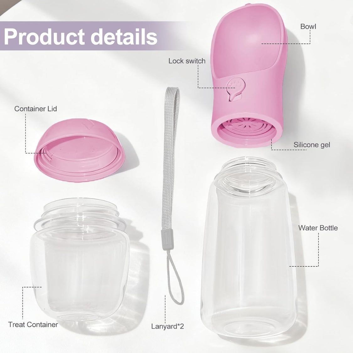 2-in-1 Portable Dog Water Bottle with Food Container – 12 oz, Leak-Proof, Pink – view 2