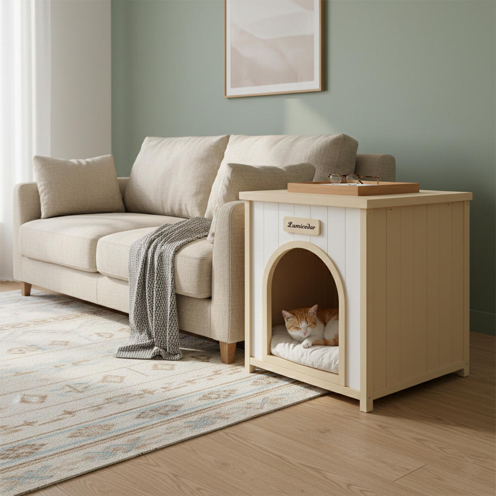 Solid Cedar Indoor Dog House – Removable Cushion, Side Table Top, Cream White &amp; Light Yellow – view 7