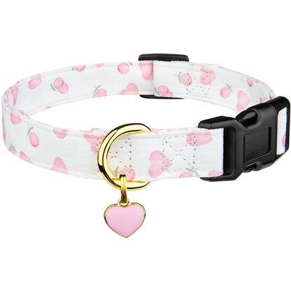 Pink Heart Dog Collar with Pendant – Soft Cotton Adjustable Collar for Dogs &amp; Puppies, White &amp; Pink