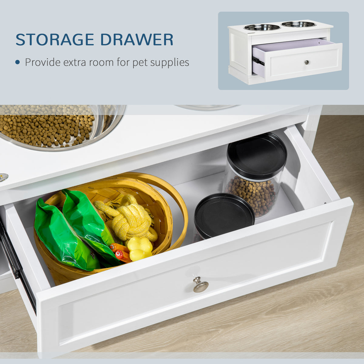 Elevated Dog Bowl Stand with 11L Storage Drawer &amp; 2 Stainless Steel Bowls for Large Dogs, White – view 5
