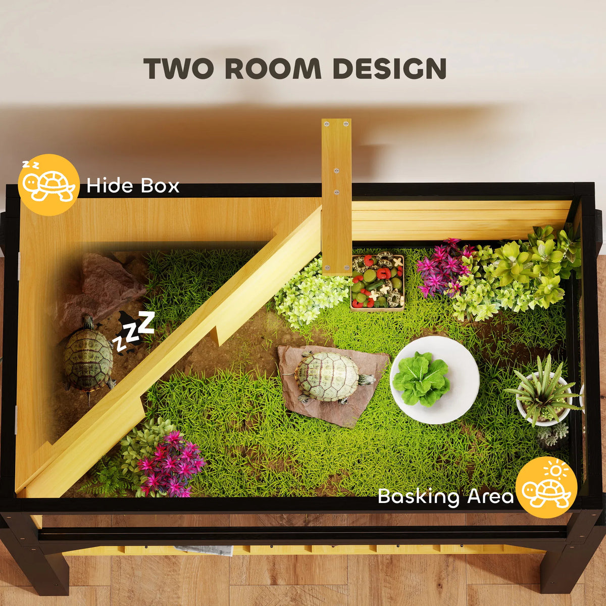 Wooden Tortoise House with Two Rooms, Basking Area, Clear Panels &amp; Storage Shelf – view 2