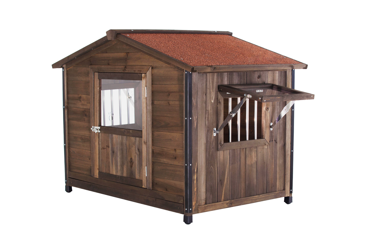 Wooden Cabin Dog House with Iron Frame – Asphalt Roof, Covered Porch, Large Dogs, Antique Brown – view 6