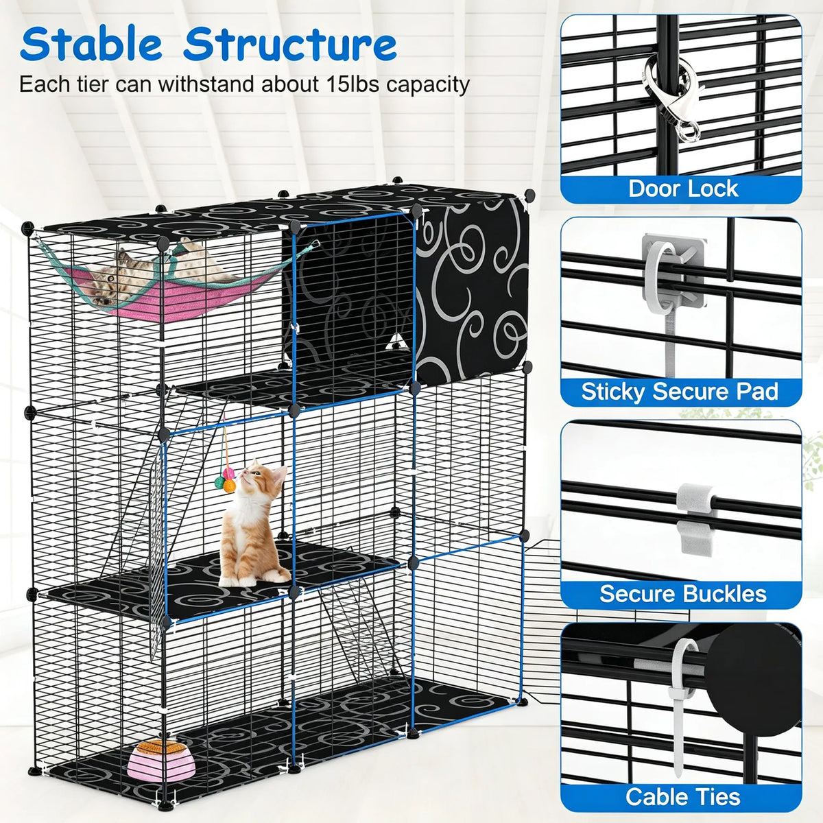 3-Tier Black Metal Cat Cage with 3 Doors, 2 Ladders, Plush Hammock and Toy Ball – view 6