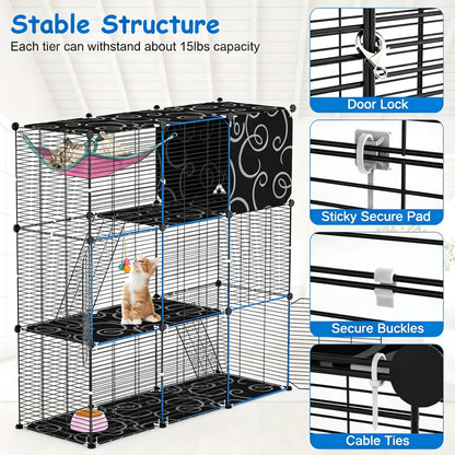 3-Tier Black Metal Cat Cage with 3 Doors, 2 Ladders, Plush Hammock and Toy Ball – view 6