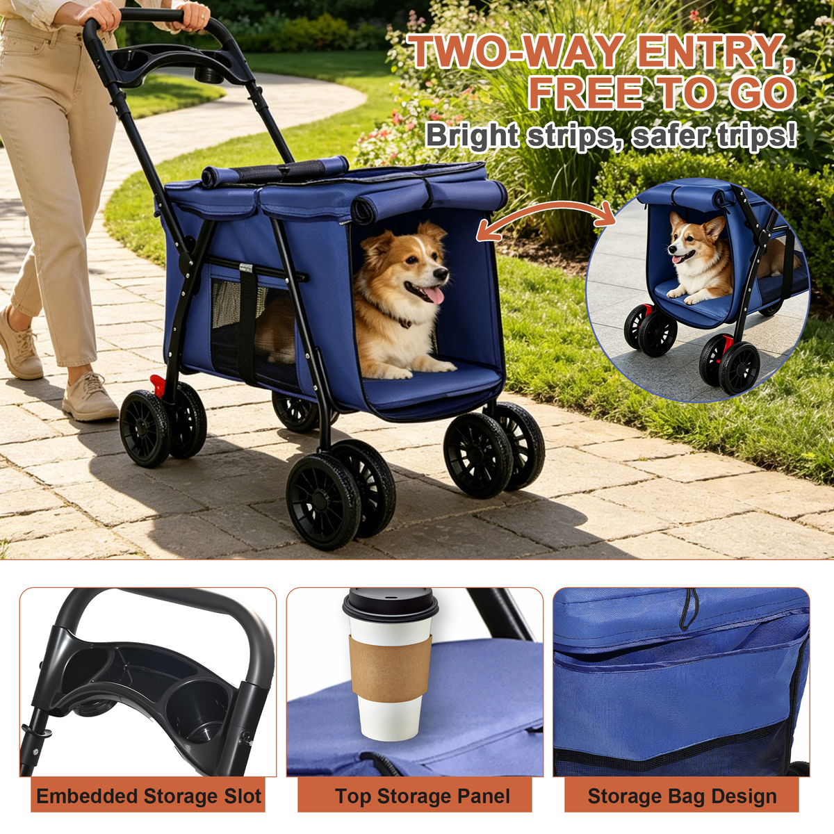 Foldable 4-Wheel Pet Stroller – Breathable Mesh, Shockproof Wheels, Brakes, Holds 33 lbs, Navy Blue – view 5