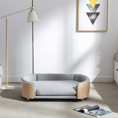 Scandinavian Elevated Dog Sofa Bed – Solid Wood Legs, Bent Wood Back, Velvet Cushion, Light Grey – view 2
