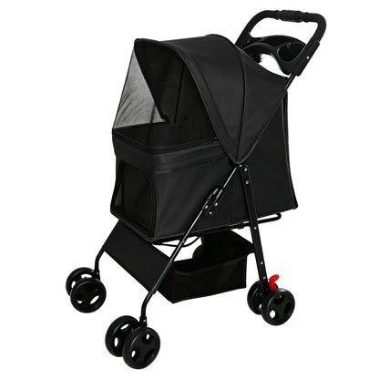 Foldable Pet Stroller for Small Dogs and Cats – One-Hand Fold, Tray, Storage Basket, Black – view 2