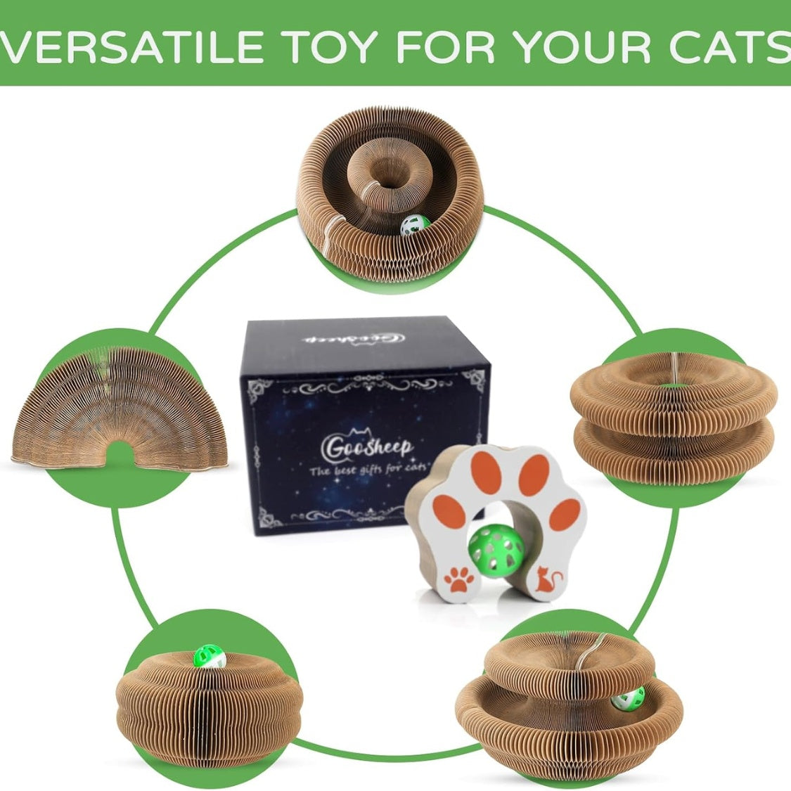 Accordion Cat Scratcher with Bell Ball – Foldable Corrugated Cardboard Scratching Toy, Brown – view 2